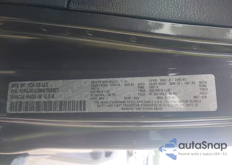 2021 Jeep Wrangler Unlimited Sahara 4X4 z USA, uszkodzony, nr VIN 1C4HJXEG6MW758927